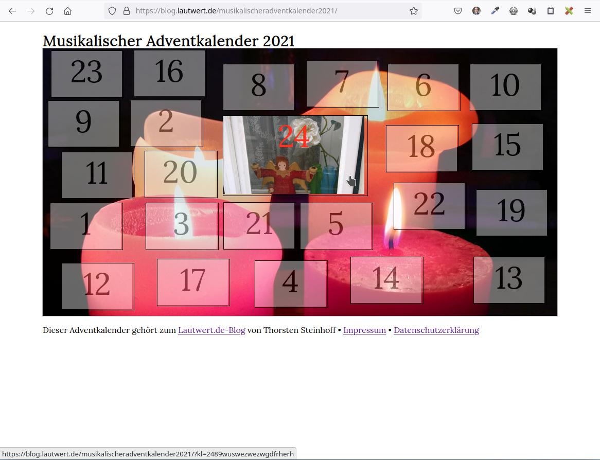 Screenshot vom Musikalischen Adventkalender 2021 mit Stand Heiligabend