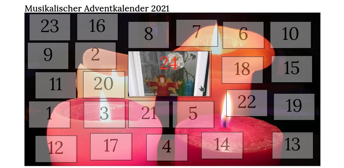 Screenshot vom Musikalischen Adventkalender 2021 mit Stand Heiligabend