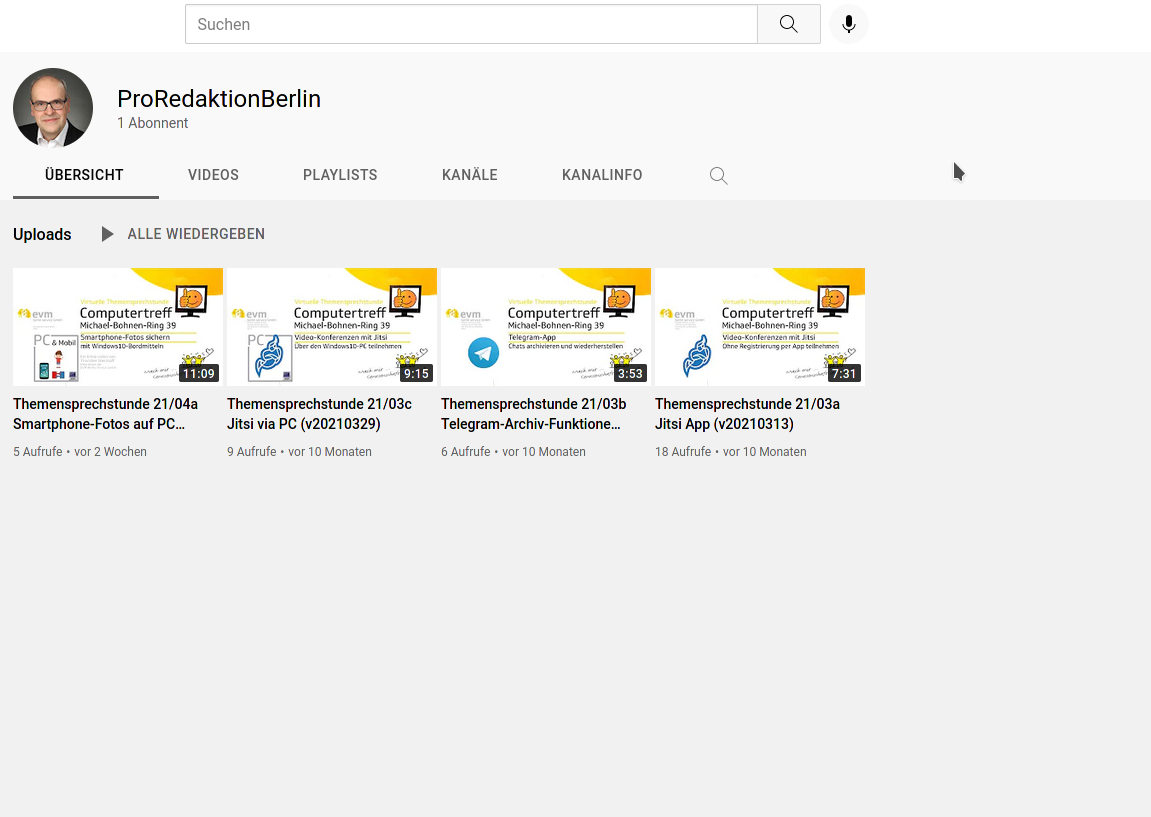 Screenshot Youtube-Kanal ProRedaktionBerlin - vier Videos wurden 2021 produziert